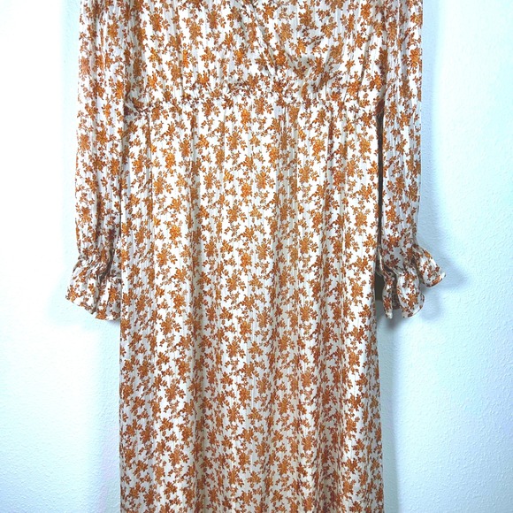 Pink Lily Floral Long Sleeve Midi Dress V Neck Ruffle Cuffs Women's - Picture 2 of 11